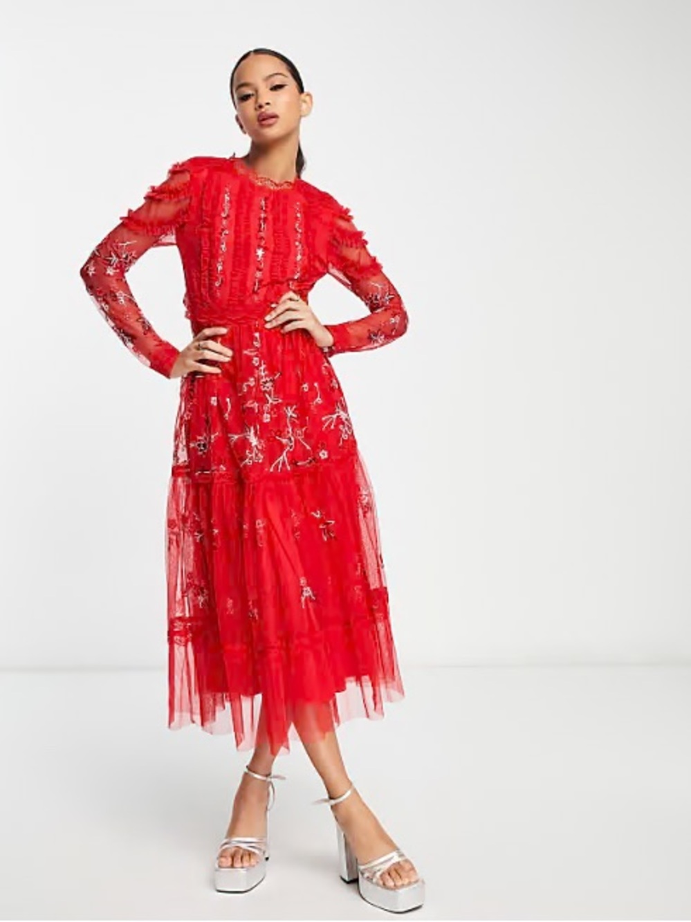 FROCK & FRILL Embroidered Tulle Midi Dress